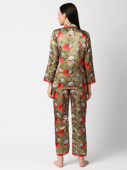 Red Hibiscus Satin Pj Set - Luxury Printed Button Down Pj Set