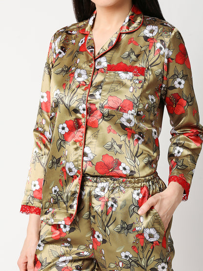 Red Hibiscus Satin Pj Set - Luxury Printed Button Down Pj Set