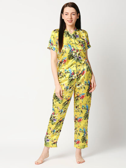 Tropical Paradise Satin Pj Set - Luxury Printed Button Down Pj Set