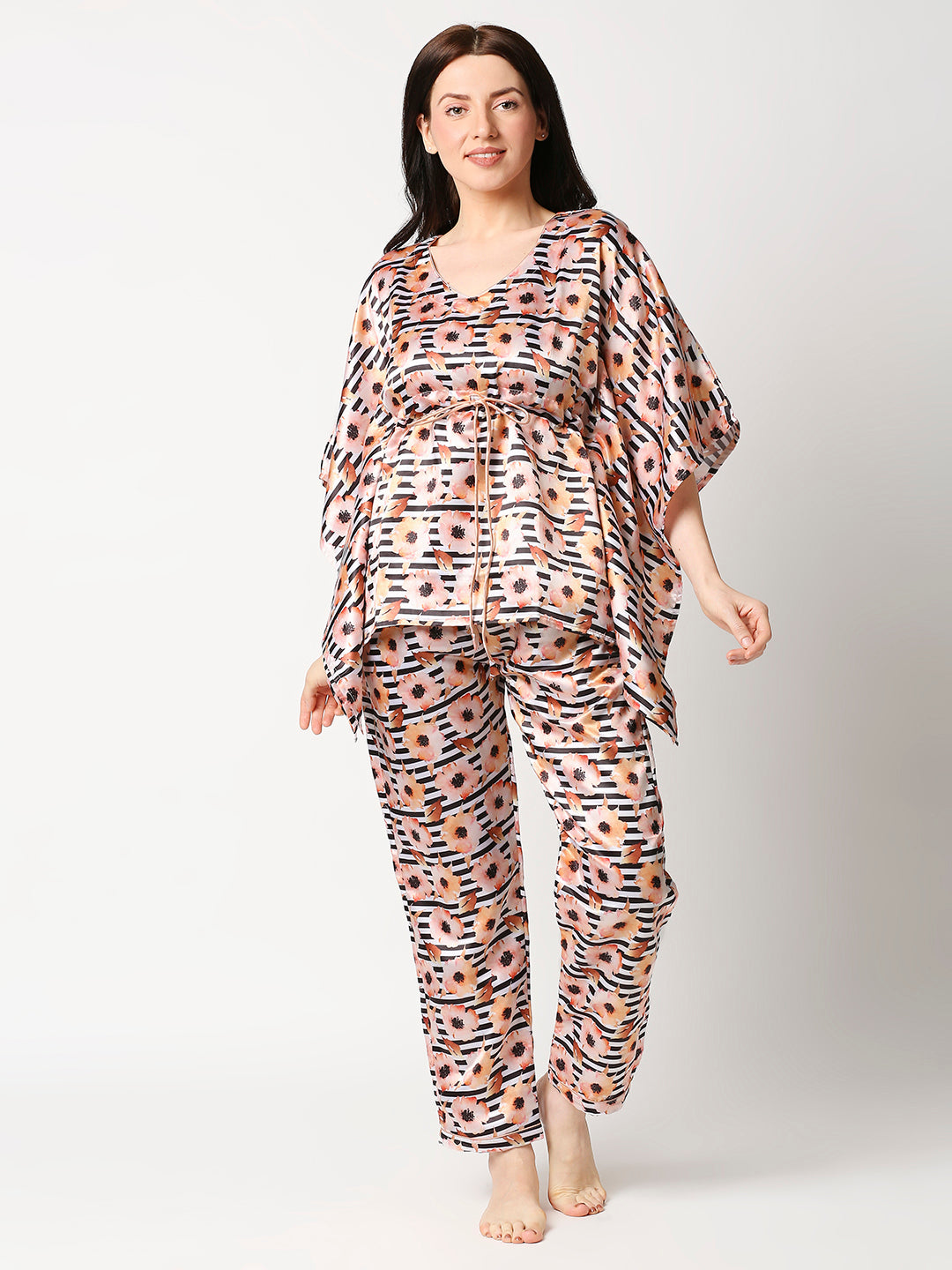 Peaches &amp; Stripes Satin Kaftan Pj Set - Luxury Printed Kaftan Pj Set