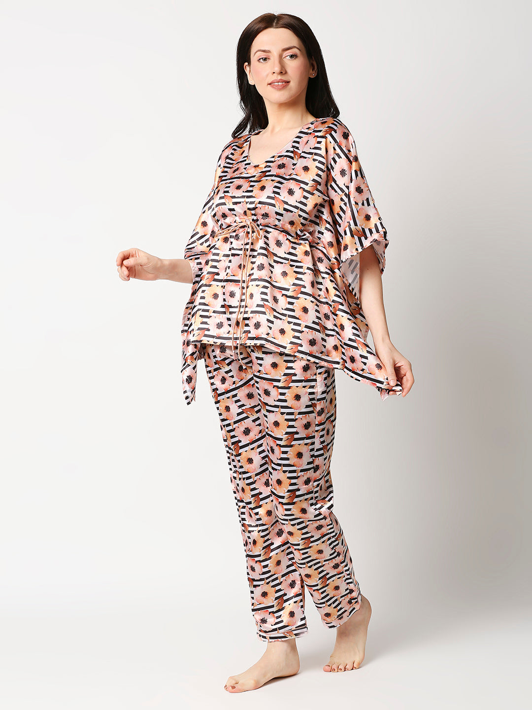 Peaches &amp; Stripes Satin Kaftan Pj Set - Luxury Printed Kaftan Pj Set