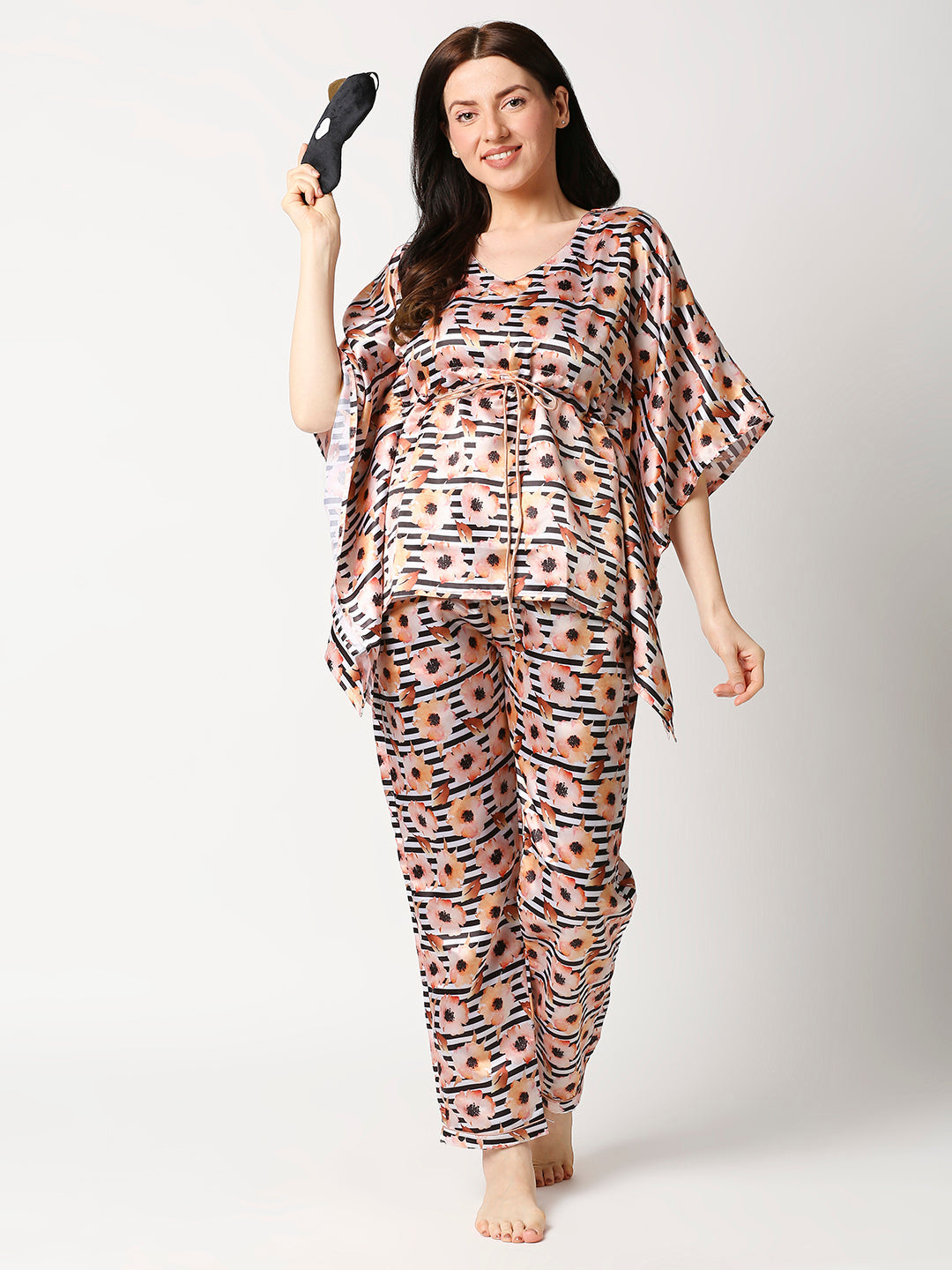 Peaches &amp; Stripes Satin Kaftan Pj Set - Luxury Printed Kaftan Pj Set