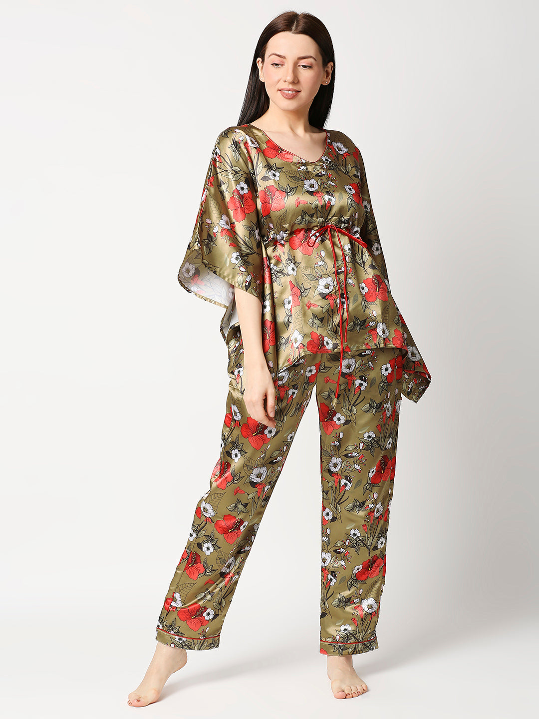 Red Hibiscus Satin Kaftan Pj Set - Luxury Printed Kaftan Pj Set