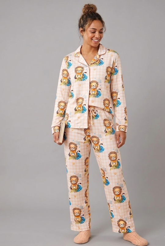 Little Lion Button Down Pj Set - Pure Cotton Pj Set with Notched Collar