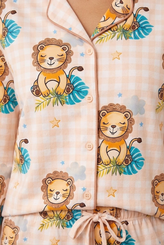 Little Lion Button Down Pj Set - Pure Cotton Pj Set with Notched Collar