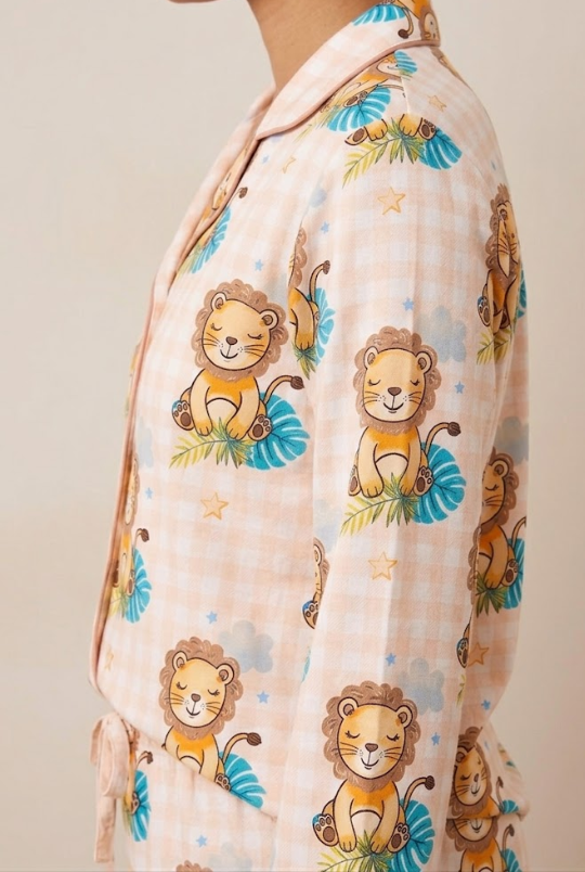 Little Lion Button Down Pj Set - Pure Cotton Pj Set with Notched Collar