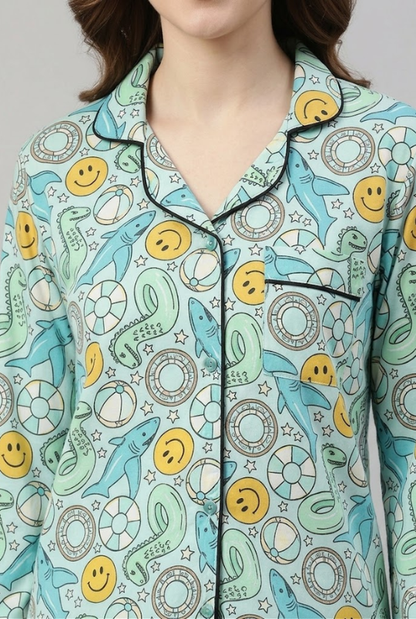 Floaties Button Down Pj Set - Pure Cotton Pj Set with Notched Collar