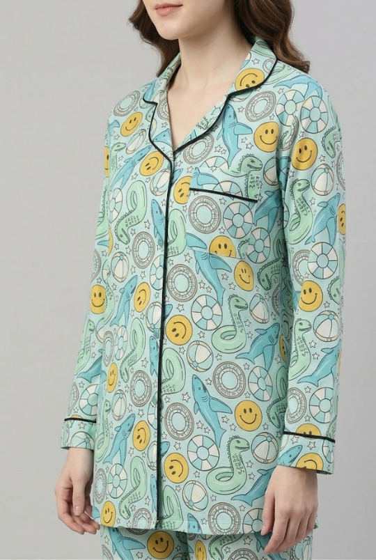 Floaties Button Down Pj Set - Pure Cotton Pj Set with Notched Collar