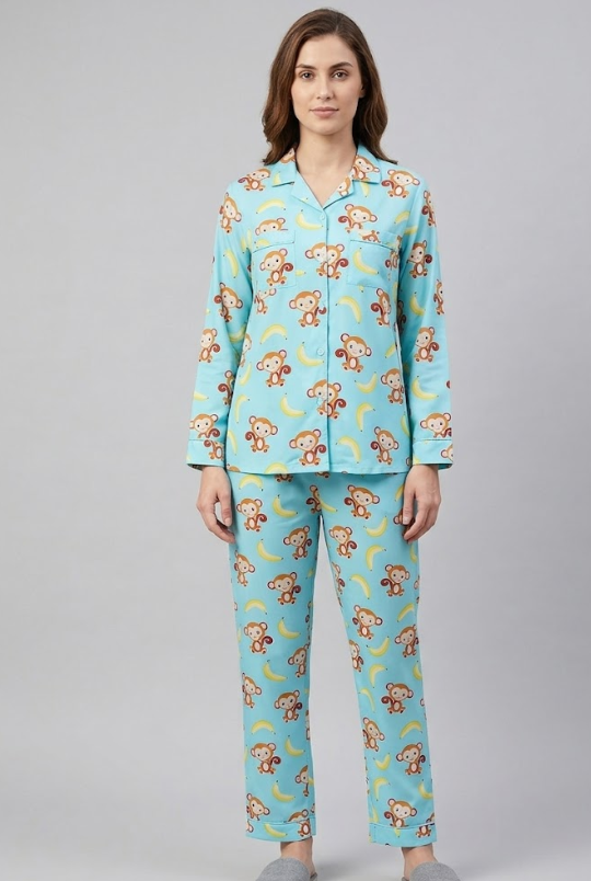 Funky Monkey Button Down Pj Set - Pure Cotton Pj Set with Notched Collar