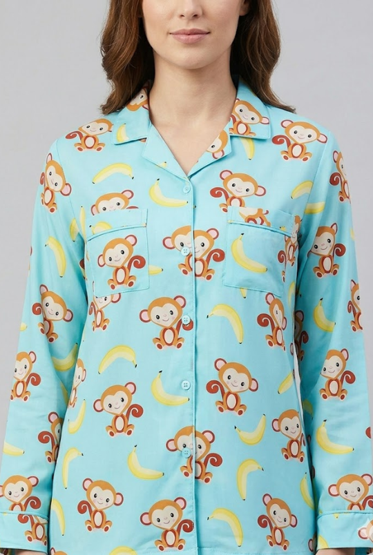 Funky Monkey Button Down Pj Set - Pure Cotton Pj Set with Notched Collar