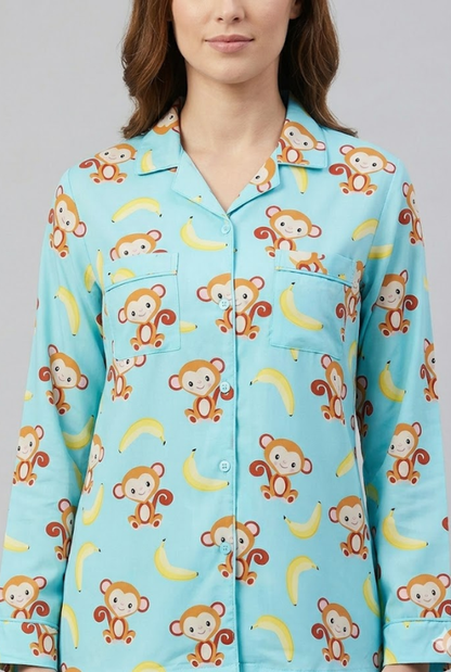 Funky Monkey Button Down Pj Set - Pure Cotton Pj Set with Notched Collar