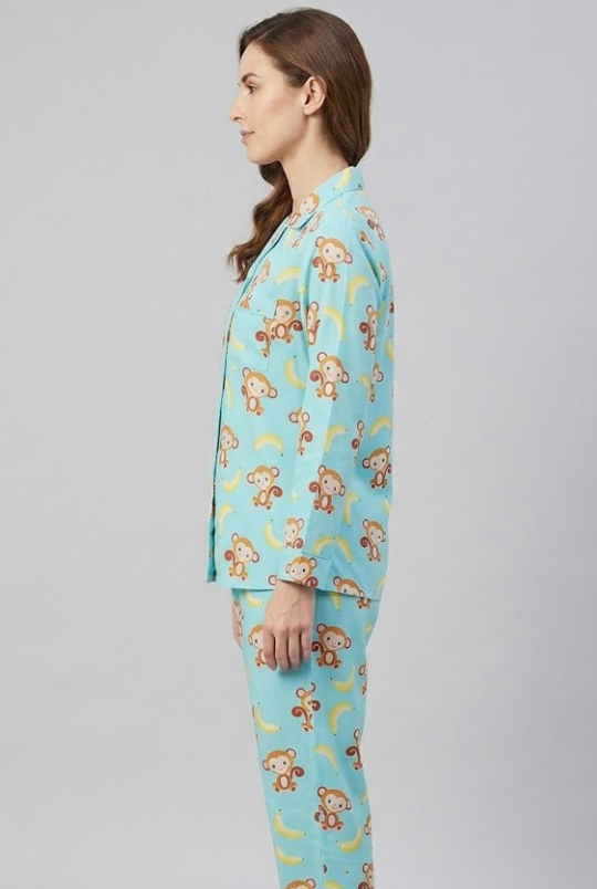 Funky Monkey Button Down Pj Set - Pure Cotton Pj Set with Notched Collar