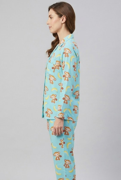 Funky Monkey Button Down Pj Set - Pure Cotton Pj Set with Notched Collar