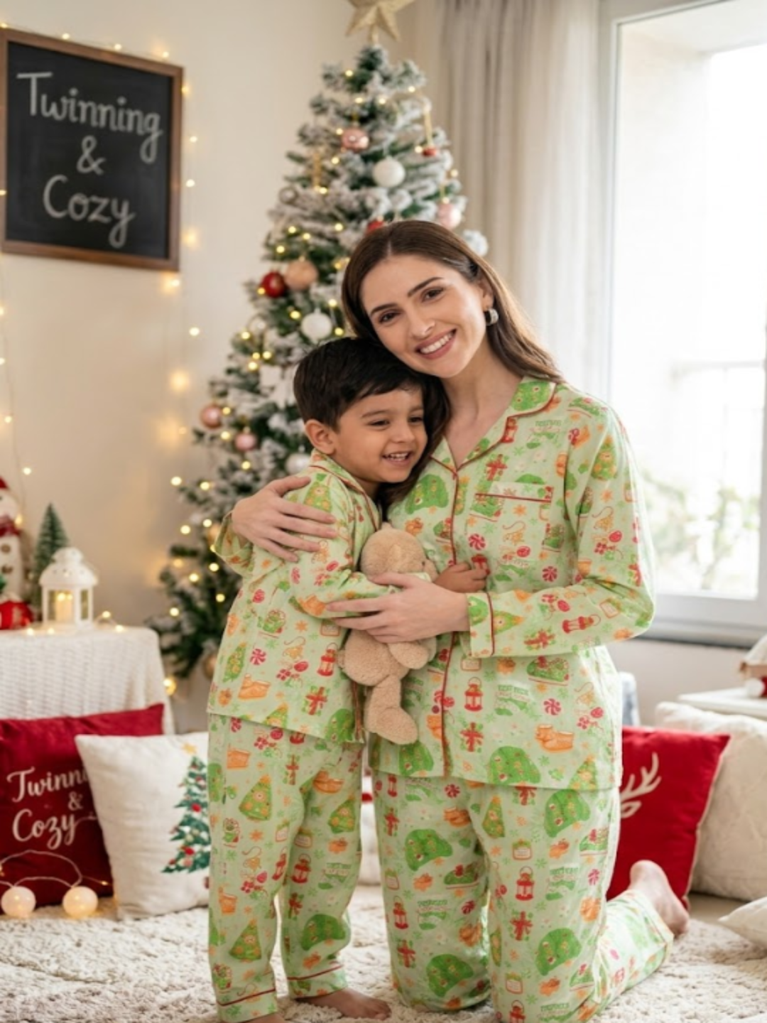 Cozy Christmas Cotton Rayon Mom &amp; Kids Twinning Pj Set