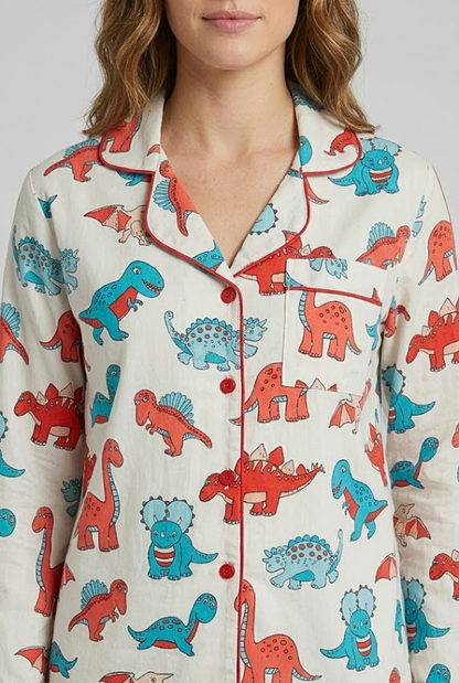 Dinomite Button Down Pj Set - Pure Cotton PJ Set with Notched Collar