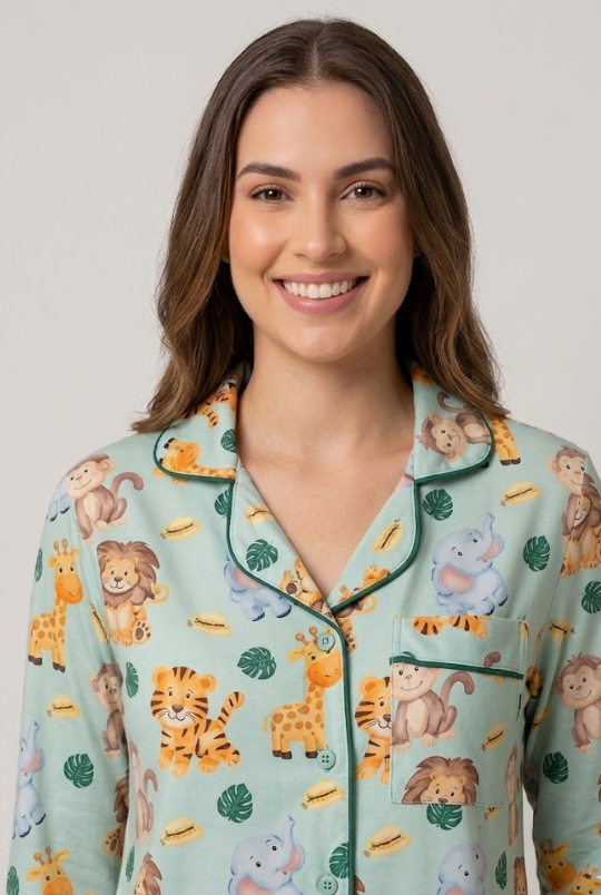 Into the Jungle Button Down Pj Set - Pure Cotton Pj Set with Notched Collar