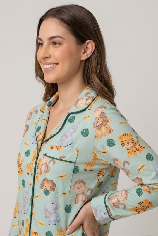 Into the Jungle Button Down Pj Set - Pure Cotton Pj Set with Notched Collar