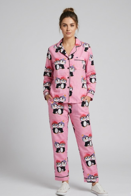 Pink Penguins Button Down Pj Set - Pure Cotton PJ Set with Notched Collar