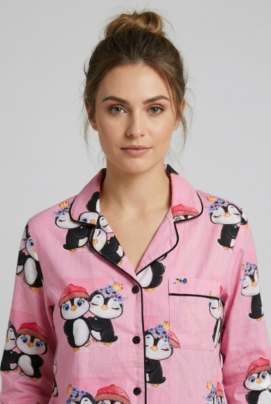 Pink Penguins Button Down Pj Set - Pure Cotton PJ Set with Notched Collar