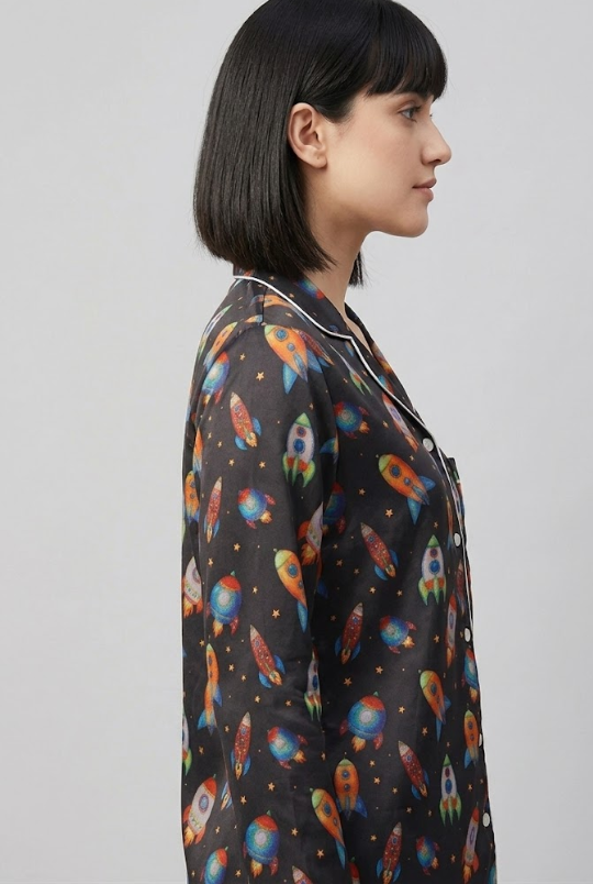 Space Button Down Pj Set - Pure Cotton Pj Set with Notched Collar