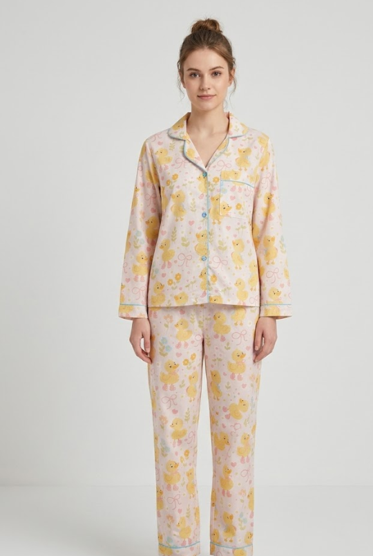 Sunny Ducklings Button Down Pj Set - Pure Cotton Pj Set with Notched Collar