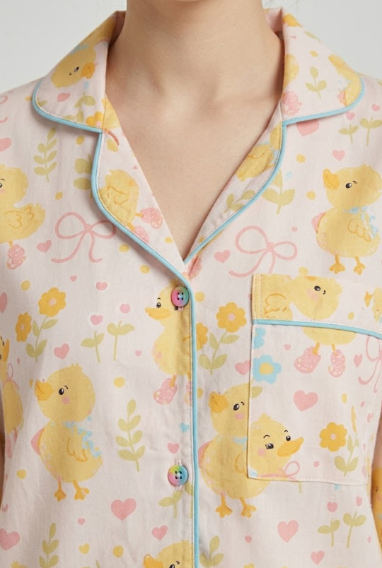 Sunny Ducklings Button Down Pj Set - Pure Cotton Pj Set with Notched Collar