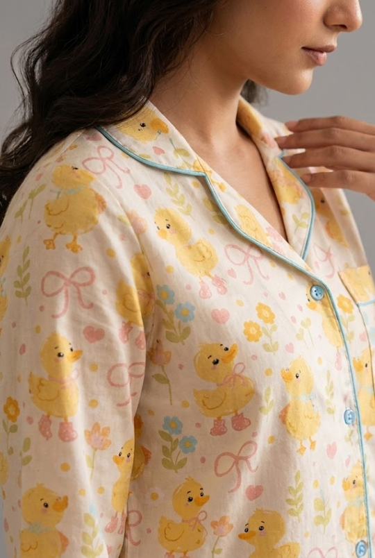 Sunny Ducklings Button Down Pj Set - Pure Cotton Pj Set with Notched Collar
