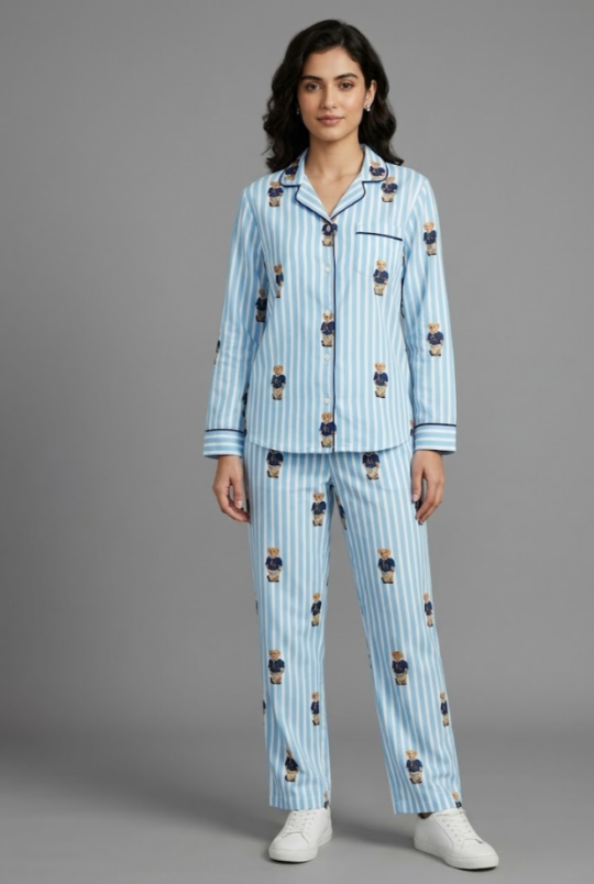 Polo Blue Button Down Pj Set - Pure Cotton PJ Set with Notched Collar