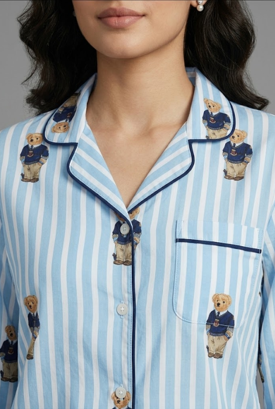 Polo Blue Button Down Pj Set - Pure Cotton PJ Set with Notched Collar