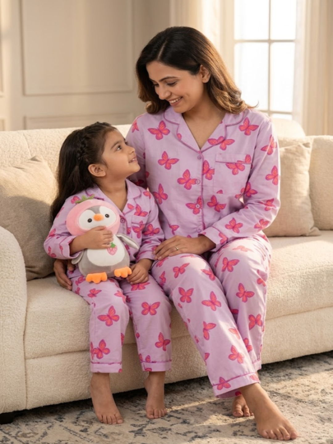 Butterfly Cotton Rayon Mom &amp; Kids Twinning Pj Set