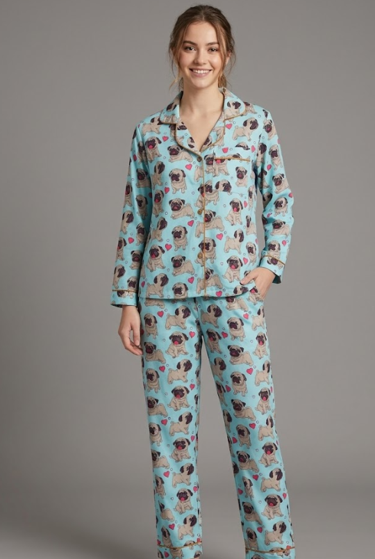 Snuggle Pug Button Down Pj Set - Cotton Rayon Pj Set with Notched Collar