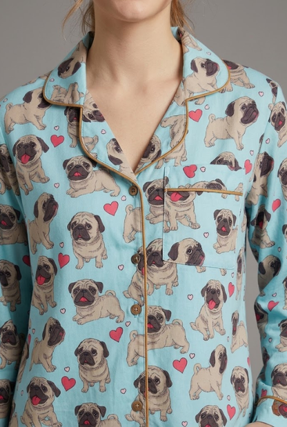 Snuggle Pug Button Down Pj Set - Cotton Rayon Pj Set with Notched Collar