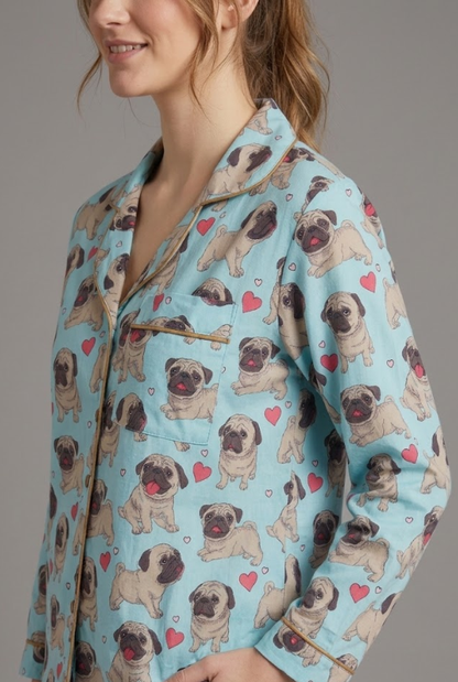 Snuggle Pug Button Down Pj Set - Cotton Rayon Pj Set with Notched Collar
