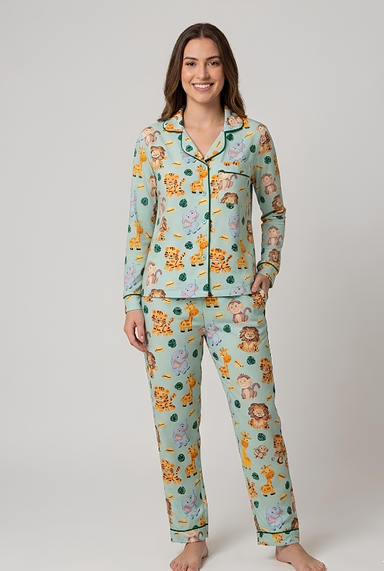 Into the Jungle Button Down Pj Set - Pure Cotton Pj Set with Notched Collar