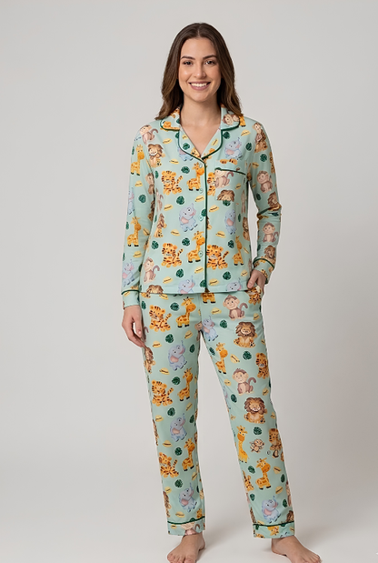 Into the Jungle Button Down Pj Set - Pure Cotton Pj Set with Notched Collar