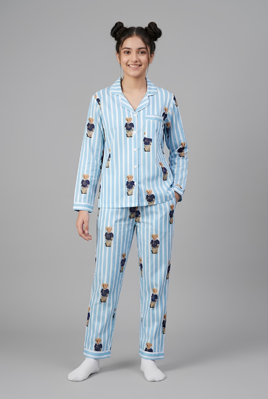 Polo Blue Button Down Pj Set - Pure Cotton PJ Set with Notched Collar