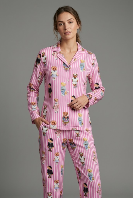 Pink Bear Club Button Down Pj Set - Pure Cotton PJ Set with Notched Collar