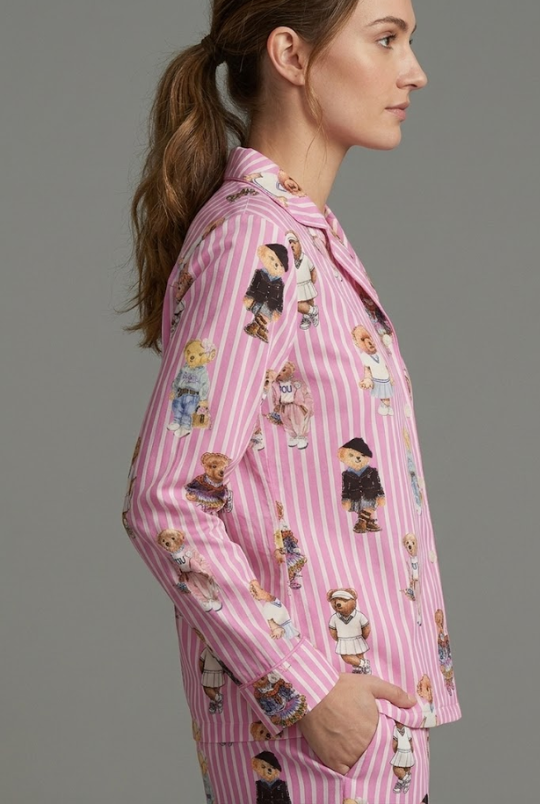 Pink Bear Club Button Down Pj Set - Pure Cotton PJ Set with Notched Collar