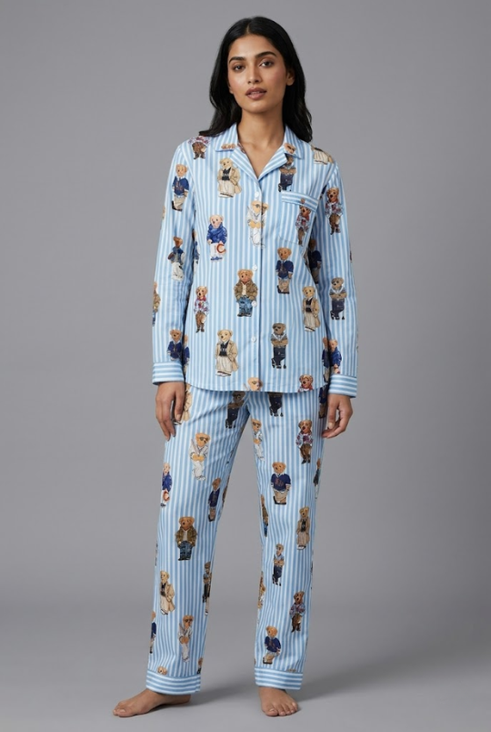 Blue Bear Club Button Down Pj Set - Pure Cotton PJ Set with Notched Collar
