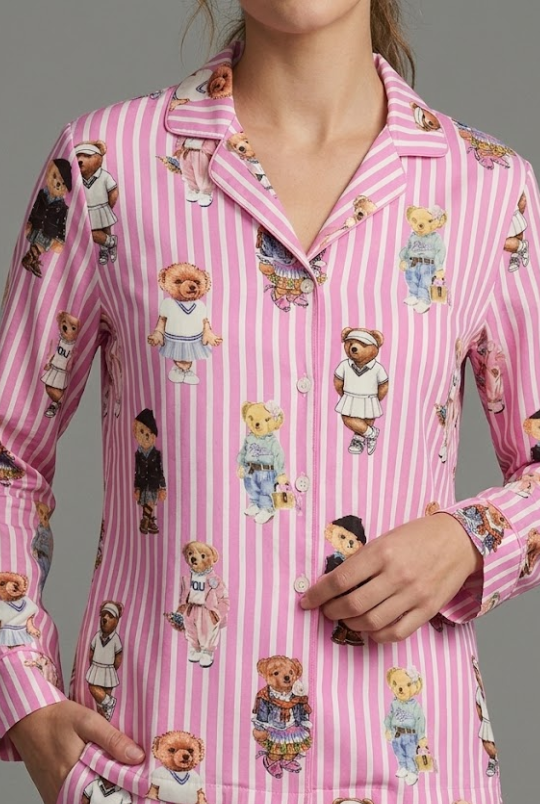 Pink Bear Club Button Down Pj Set - Pure Cotton PJ Set with Notched Collar