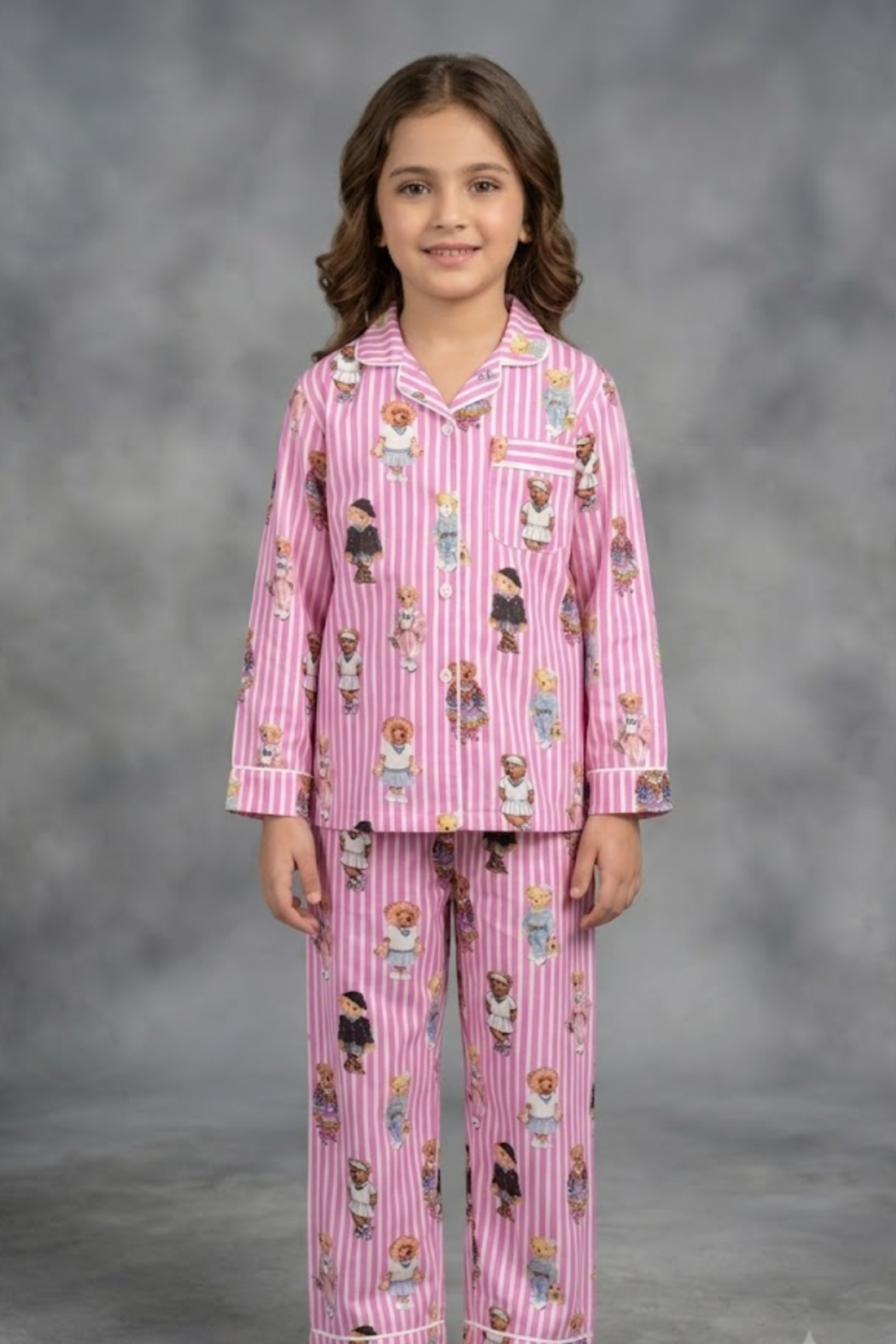 Pink Bear Club Kids Button Down Pj Set - Pure Cotton Pj Set with Notched Collar