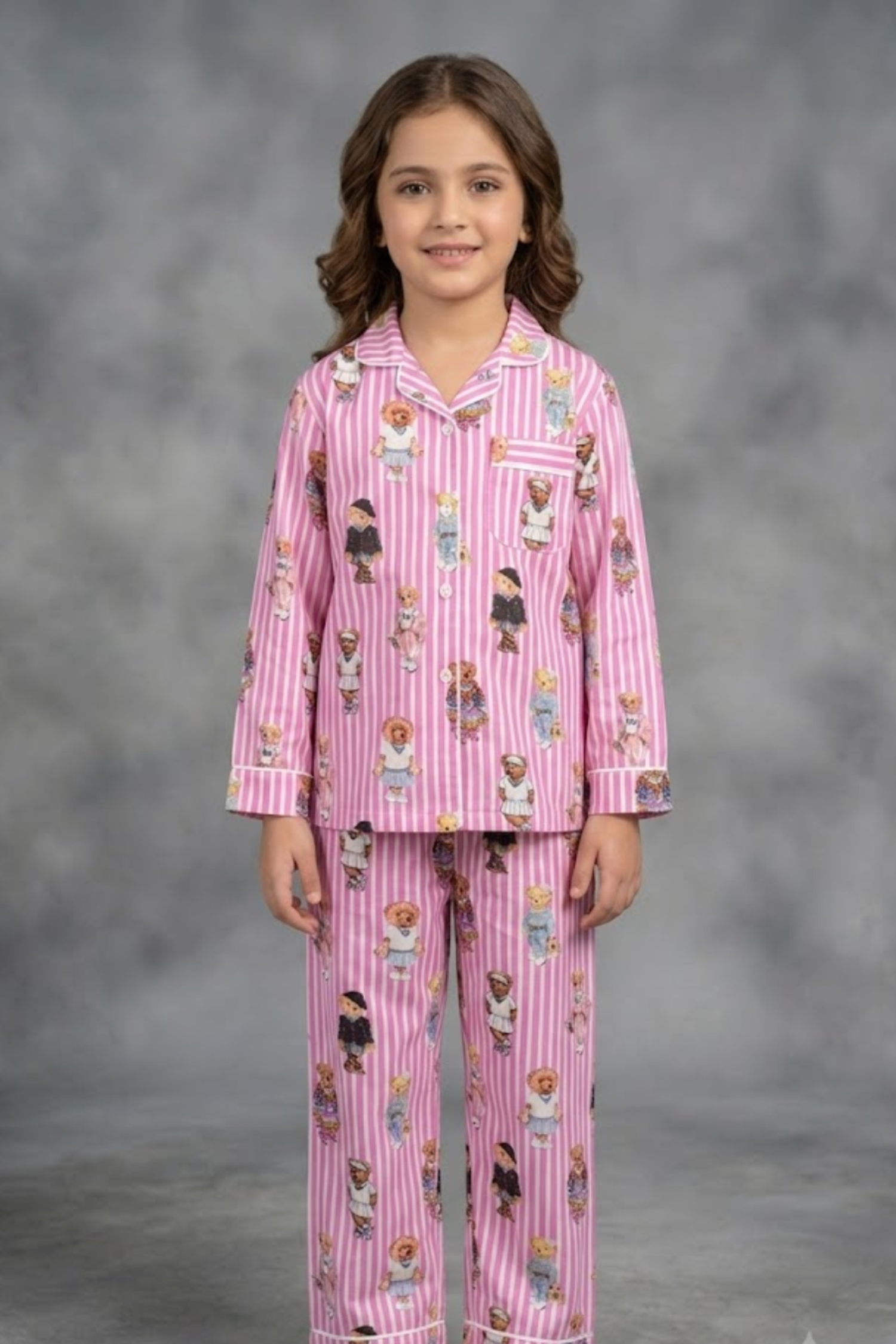 Pink Bear Club Kids Button Down Pj Set - Pure Cotton Pj Set with Notched Collar