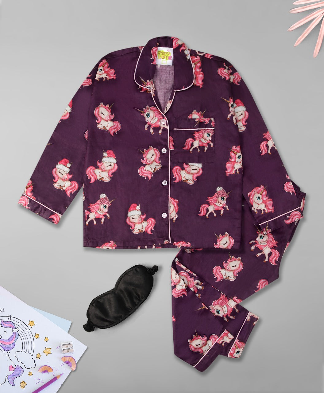 Unicorn Fantasy Kids Button Down Pj Set - Pure Cotton Pj Set with Notched Collar