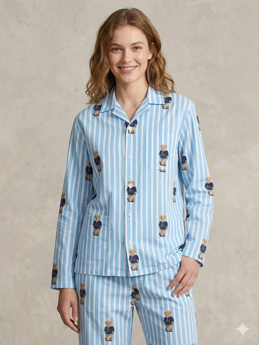 Polo Blue Button Down Pj Set - Pure Cotton PJ Set with Notched Collar