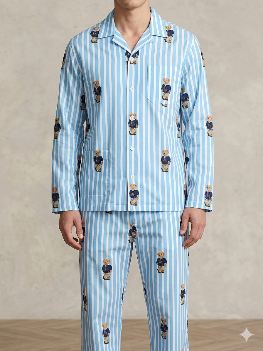 Polo Blue Button Down Pj Set - Pure Cotton PJ Set with Notched Collar