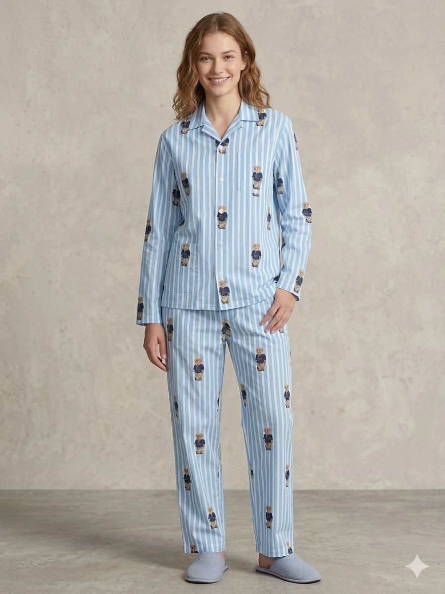 Polo Blue Button Down Pj Set - Pure Cotton PJ Set with Notched Collar