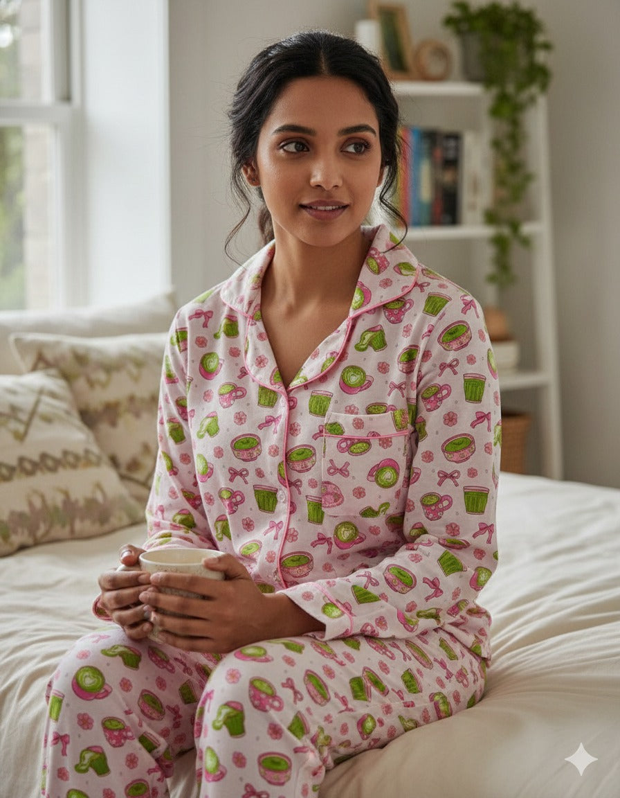 Matcha Button Down Pj Set - Cotton Rayon Pj Set with Notched Collar