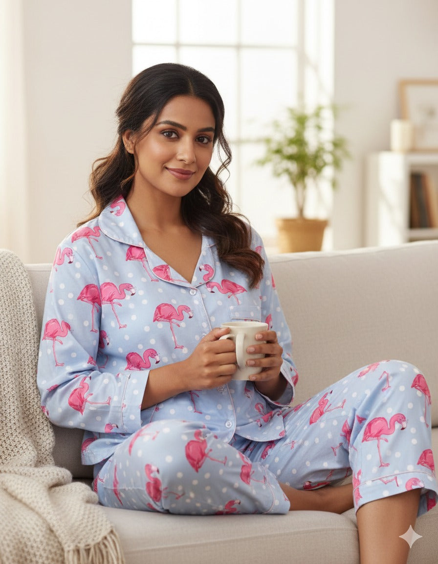Flamingo &amp; Dots Button Down Pj Set - Cotton Rayon Pj Set with Notched Collar