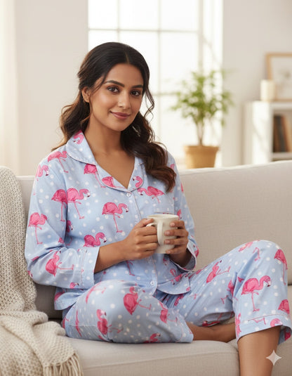 Flamingo &amp; Dots Button Down Pj Set - Cotton Rayon Pj Set with Notched Collar