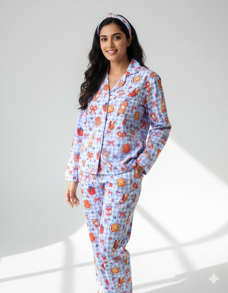 Breakfast Club Button Down Pj Set - Cotton Rayon Pj Set with Notched Collar